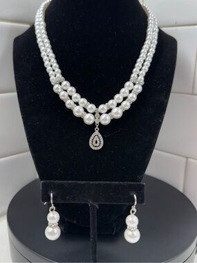 Classic White Pearl Two-Strand Necklace & Drop Earrings Set